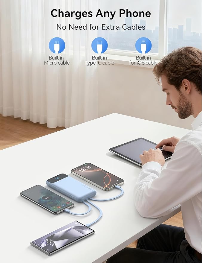 Portable Charger, 10000mAh 22.5W Fast Charging Power Bank with 4 Built-in Cables, Travel Essentials Battery Pack with LED Display, 6 Outputs Charging Bank Compatible with iPhone, iPad, Samsung Blue