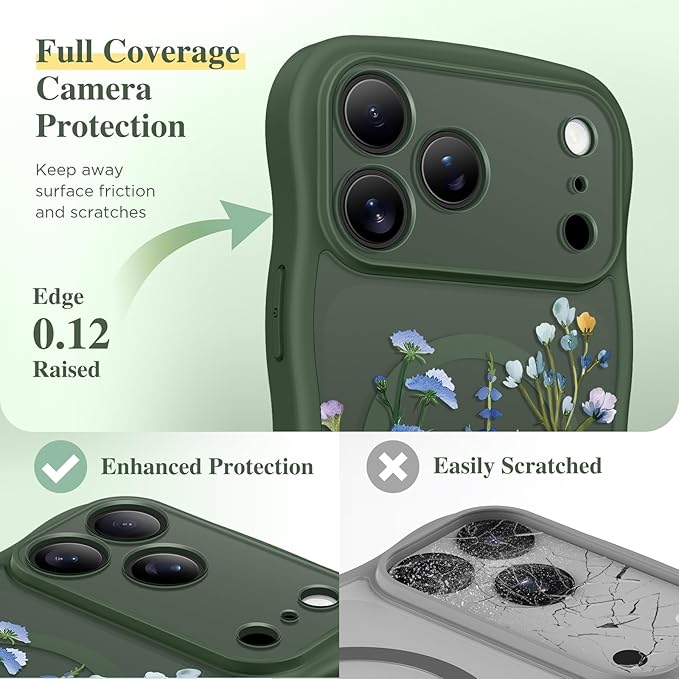 GVIEWIN for iPhone 17 Pro Case Compatible with MagSafe [Curly Wave Edge][Full Camera Protection]Floral Translucent Shockproof Magnetic Women Phone Case for iPhone 17 Pro 6.3'', Sweet Posy/Forest Green