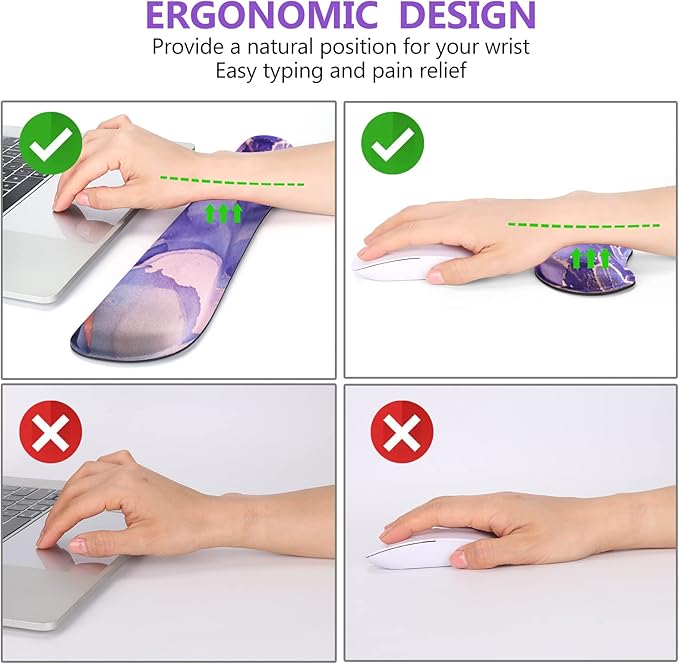 DINKY Keyboard Mouse Pad Set, Large Gaming Mousepad + Memory Foam Ergonomic Keyboard Wrist Rest Support, Easy Typing Pain Relief, 4Pcs (35.4" x 15.7") Extended Desk Mat-Modern Purple Marble