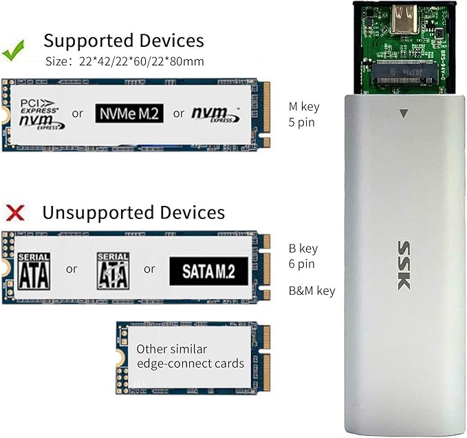 SSK M.2 NVMe Enclosure, Tool-Free SSD Enclosure Adapter, USB C 3.2 Gen 2 10Gbps PCIe MKey External Solid State Drive Case, Support UASP Trim for 2230/2242/2260/2280 (SATA NOT Supported)