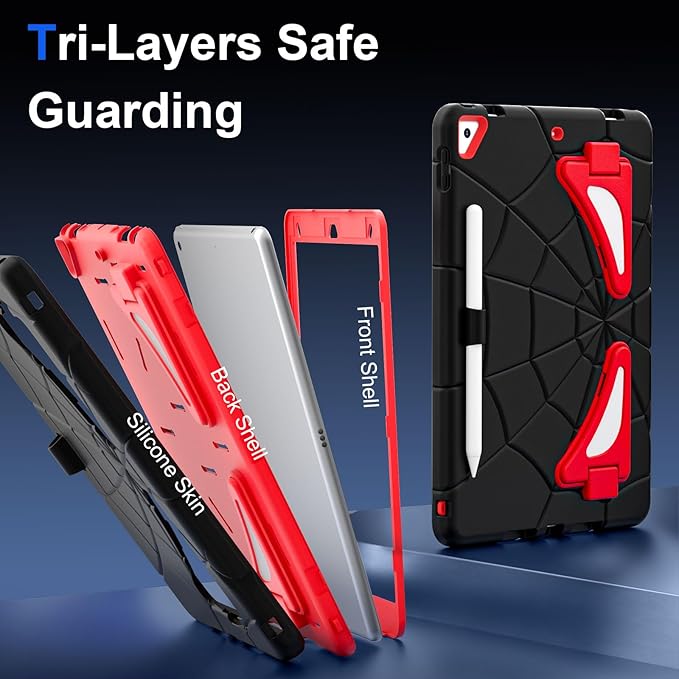 DreamerX Case for iPad 9th Generation (2021) / 8th Generation (2020) / 7th Gen (2019) 10.2 Inch, Cute Fully-Body Rugged Heavy Duty Shockproof Protective Cover with Stand Strap for Kids Boys, Black/Red