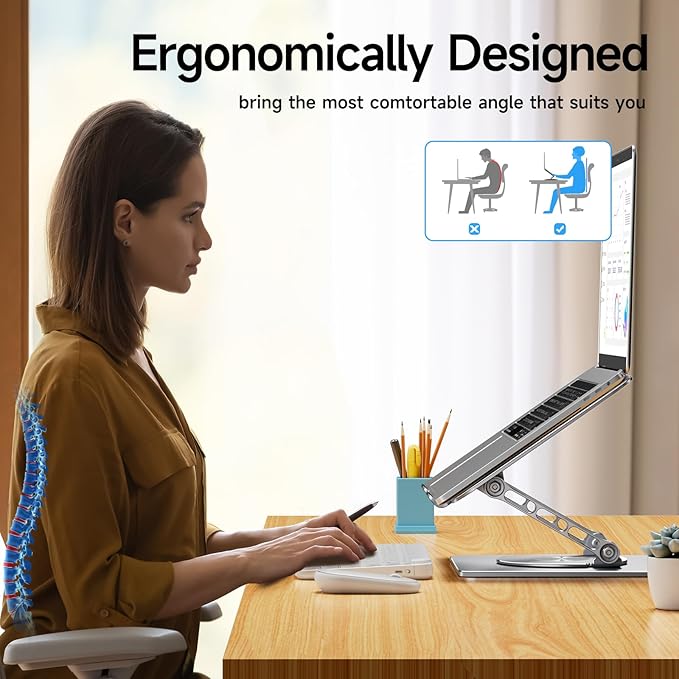 Rotating Laptop Stand, 360° Angle Swivel, Height Adjustable for Neck/Shoulder Health, Solid Aluminum Base, Fits 10"-17" Laptop & Tablet (Silver)