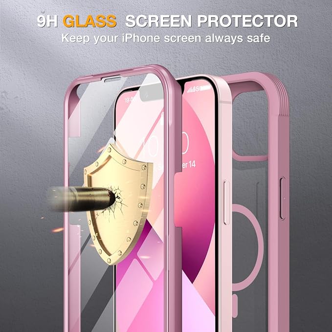 Miracase for iPhone 13 mini Case 5.4",Full-Body Protection,Clear Bumper Case with Built-in 9H Tempered Glass Screen Protector,Military-Grade Drop Protection Outdoor Phone Case for 13 mini,Dark Pink