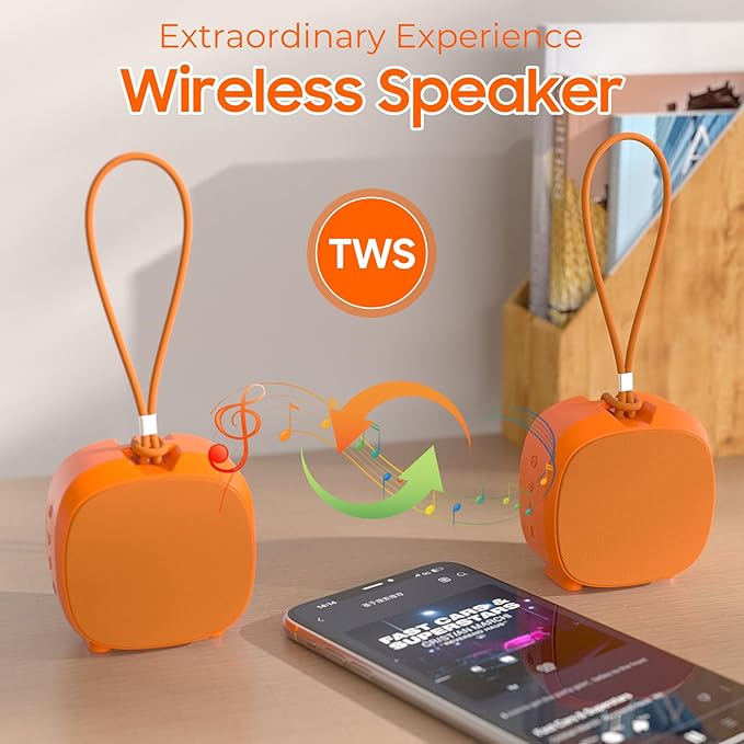 PEICHENG Speaker, Small Portable Bluetooth Wireless IPX5 Waterproof Shower Speaker,Loud Stereo Sound Deep Bass,TWS Paire, RGB Lights,Long Playtime for Outdoor Party, Great Gift, 1PCS(Orange)