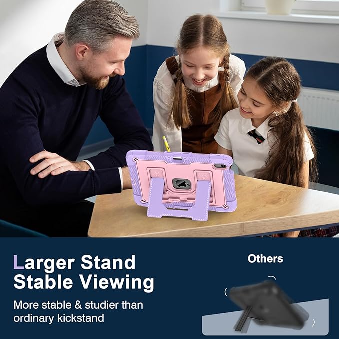 Kids Friendly Case for iPad Air 11 Inch M4 M3 M2 2026/2025/2024 Case with Pencil Holder & Shoulder Strap, Military Grade Shockproof Kickstand Hard Shell Protective Cover,Pink+Purple