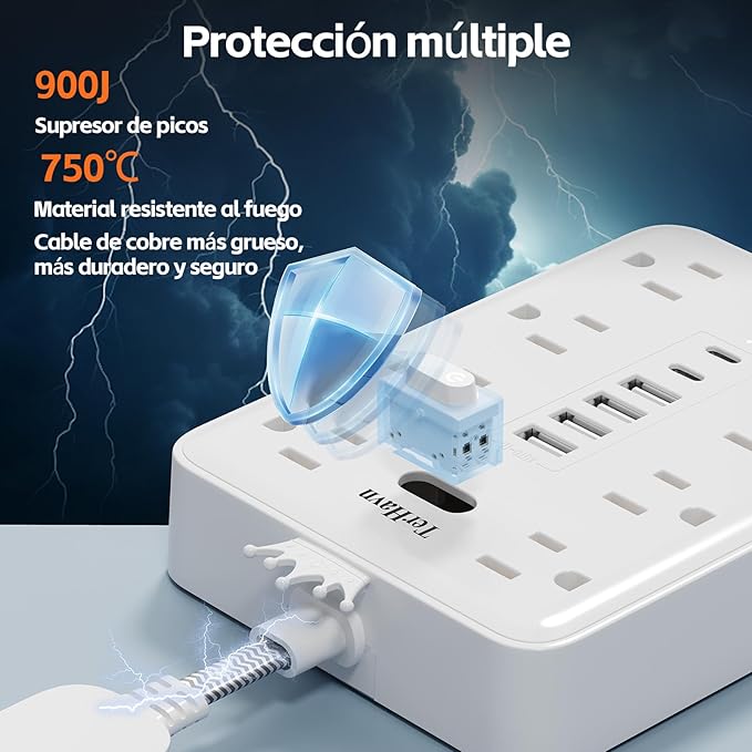 Short Extension Cord - Space Saving Design, 14-in-1 Small Power Strip with 8 Outlets & 6 USB (2 USB-C), 900J Surge Protector for Bathroom, Nightstand, Kitchen & Home Office, White
