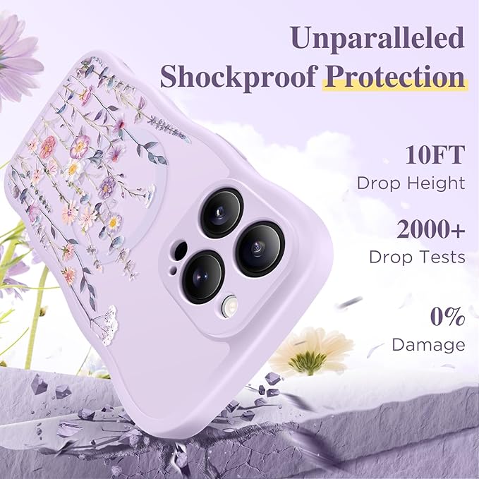 GVIEWIN for iPhone 15 Pro Case Compatible with MagSafe [Curly Wave Edge][Full Camera Protection] Floral Translucent Shockproof Magnetic Women Phone Case for iPhone 15 Pro 6.1'', Floratopia/Purple
