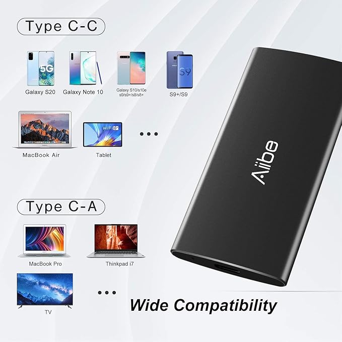 Aiibe 256GB External SSD External Hard Drive 256GB USB C Portable SSD, Up to 500MB/s, USB 3.1, External Solid State Drive for Laptop, Mac, PS4 (Black)