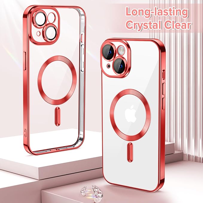Hython Magnetic Clear for iPhone 14 Plus Case with Camera Lens Protector [Compatible with MagSafe] Luxury Plating Edge Slim Soft TPU Cover Protective Phone Case for iPhone 14 Plus 6.7", Red