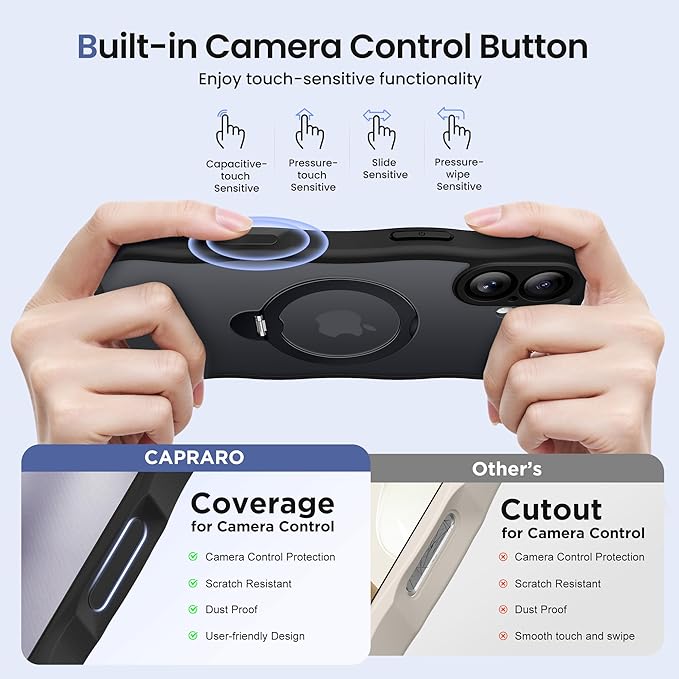 CAPRARO for iPhone 16 Plus Case with 360° Spin Magnetic Stand for Women, [Compatible with MagSafe] [Full Camera Protection] Cute Wave Translucent Matte Case for iPhone 16 Plus, Black