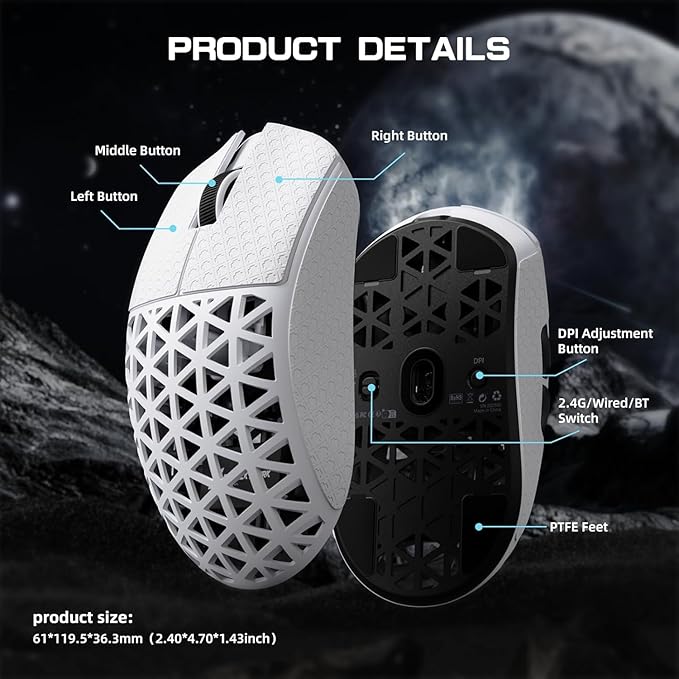 ATTACK SHARK R5 Ultra Wireless Gaming Mouse,Carbon Fiber Shell 39g Superlight,PAW3950MAX Optical Sensor Nordic 52840 MCU 8K Polling 42K DPI,Tri-Mode Programmable Mice with Coiled Cable-White&Griptape