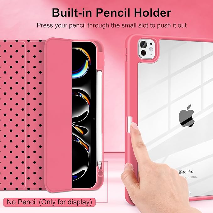 Case for iPad Pro 11 Inch (M5 2025 M4 2024) – [Built-in Pencil Holder], Shockproof & Stylish, Clear Hard Back + Soft TPU Edge, Magnetic Trifold Stand, Auto Wake/Sleep, Rose red Polka dot