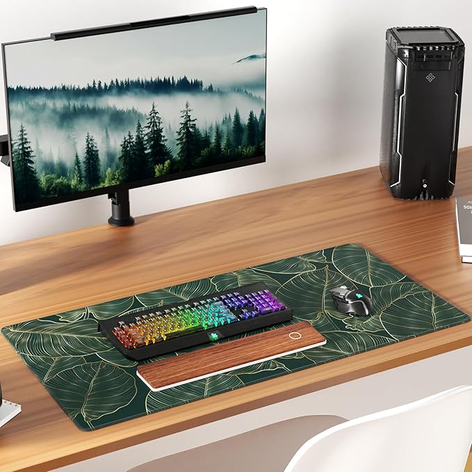 KTRIO Large Gaming Mouse Pad Desk Mat, Superior Micro-Weave Cloth, Non-Slip Rubber Base, Stitched Edges, Water-Resistant, for Gamer, Office & Home, 31.5 x 15.7 Inch，Golden Leaves