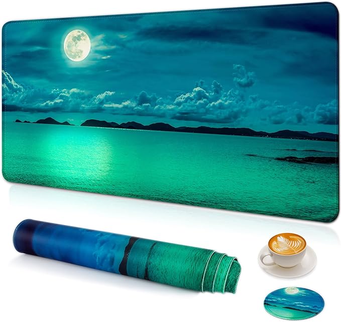 Large Gaming Mouse Pad with Coaster, Desk Matt for Desktop, Desk Pad, Mouse Pads Mat, Stitched Edges Big Extended Mousepad for Computer Keyboard Laptop Office Decor, 31.5'' x15.6''-Moon Ocean
