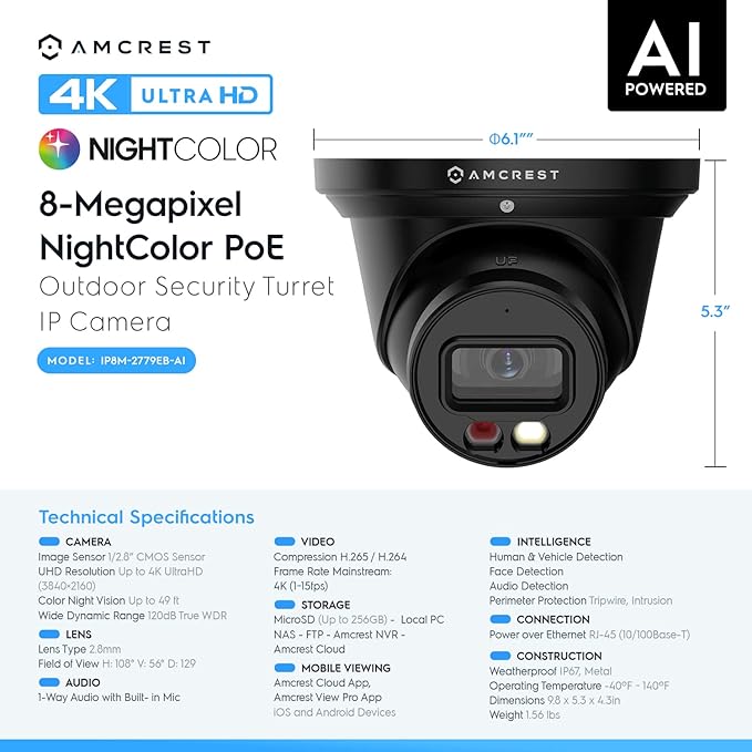 Amcrest 4K Night Color AI Turret IP PoE Camera 49ft Full Color Nightvision, Security IP Camera, Built-in Microphone, Human Detection, Perimeter Protection, 129° FOV, 4K@15fps IP8M-2779EB-AI (Black)