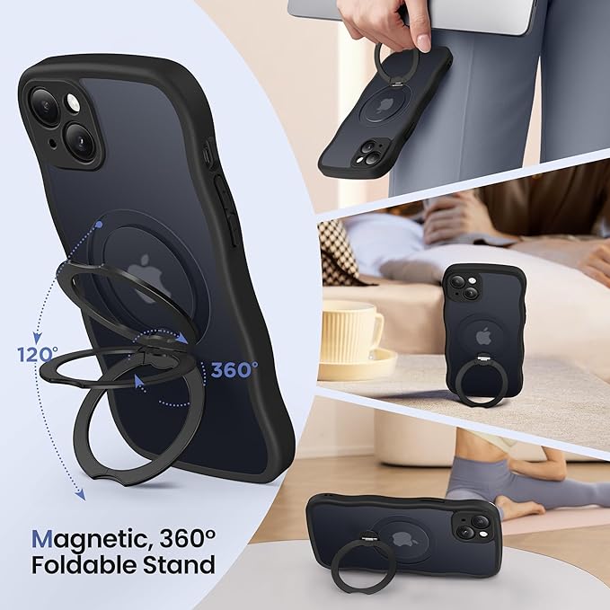 CAPRARO for iPhone 15 Case with 360° Spin Magnetic Stand for Women, [Compatible with MagSafe] [Full Camera Protection] Cute Wave Translucent Matte Case for iPhone 15, Black