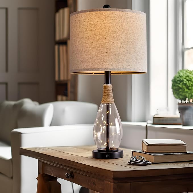 OYEARS Bedside Table Lamp with USB, 23‘’ Black Modern Nightstand Lamps for Bedroom, Retro Rattan Table Lamps for Night Stands, Living Room, Farmhouse Table Lamp with Glass Nightlight Lamps