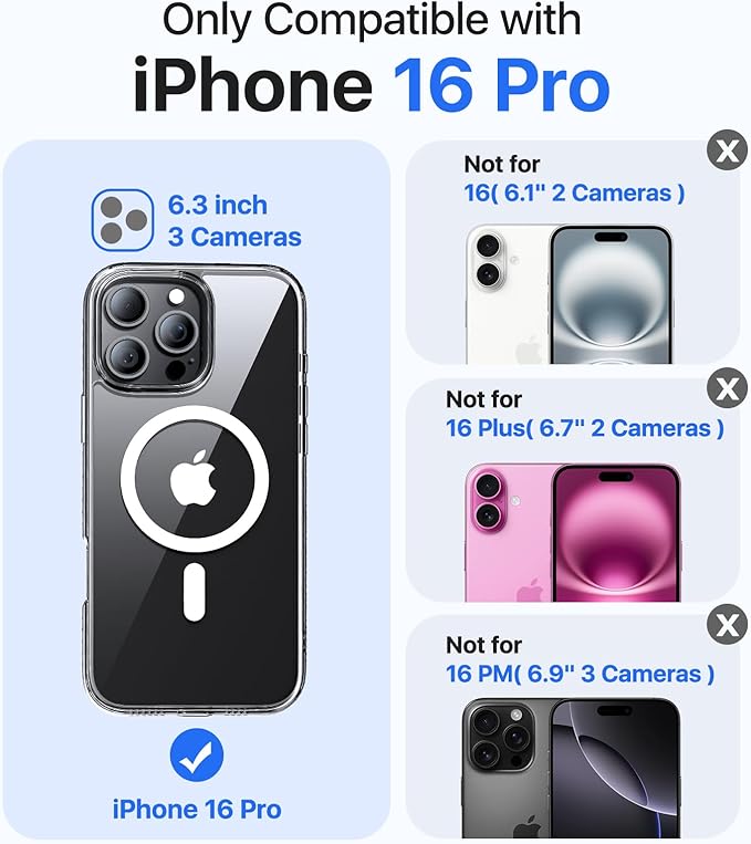 Magnetic for iPhone 16 Pro Case, [Compatible with MagSafe][Military-Grade Drop Protection][Anti-Yellowing] Shockproof Protective Translucent Matte Cover for iPhone 16 Pro Phone Case,Clear