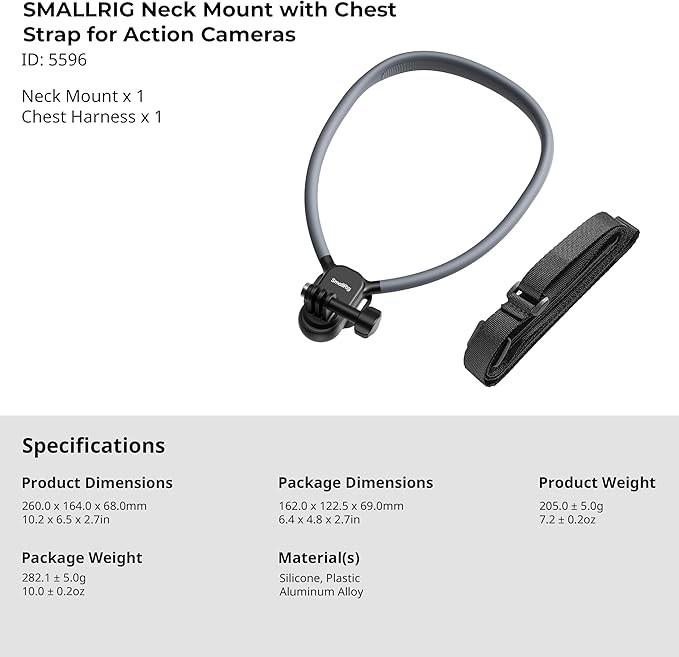 SMALLRIG Neck Mount for Action Camera with Adjustable Chest Strap, 2-Prong Interface Chest Mount for GoPro Hero 13/12/11/10/9, for DJI Osmo 360/Nano/Action 6/5 pro/4/3, for Insta360 Ace Pro 2-5596