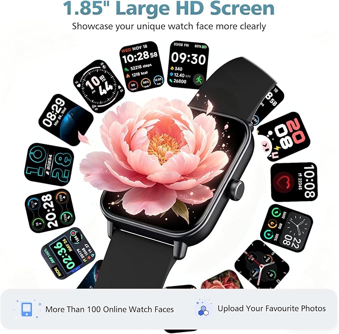 Smart Watch for Women Men, 1.85" Alexa Fitness Tracker with Call & SMS, Heart Rate, SpO2, Stress & Sleep Monitor, IP68 Waterproof Smartwatch for Android iPhone Samsung etc., 100+ Sports Modes, 2 Bands