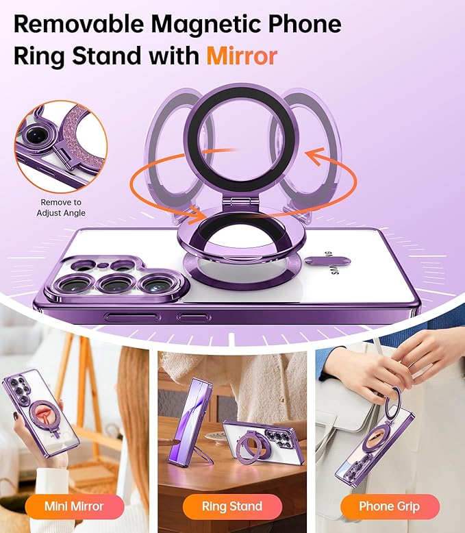 Meifigno Magnetic Case with Removable Phone Ring Stand for Samsung Galaxy S25 Ultra, [Glitter Card & Wrist Strap] [MagSafe Compatible] [Built in Mirror] Phone Ring Stand + Phone Case Kit, Purple
