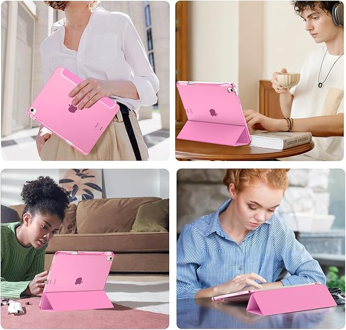 MoKo for iPad Air 11 inch Case (M4/M3/M2) 2026/2025/2024, iPad Air 5th/4th Gen 10.9 inch Case 2022/2020 with Pencil Holder, Slim Trifold Cover with Hard PC Translucent Back Shell, Peony