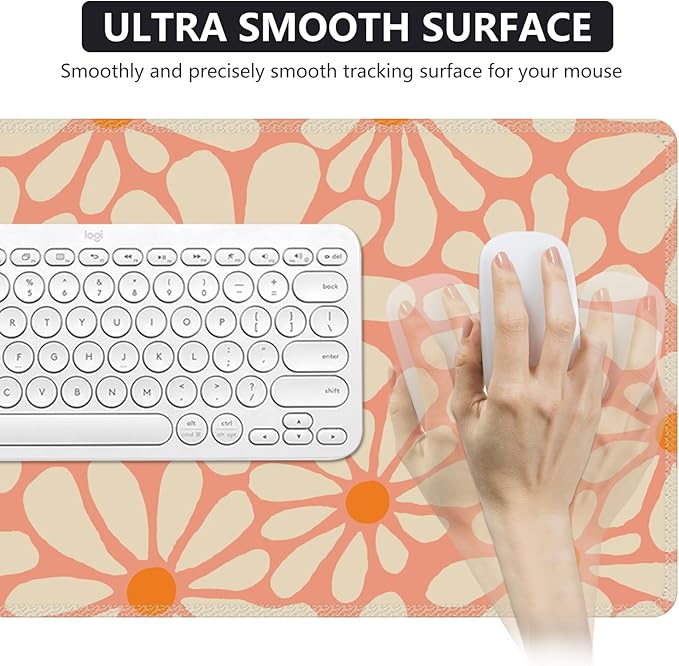 iCasso Desk Mat, Desk Matt for Desktop, Cute Desk Pad Mat, XXL Large Mouse Pad for Desk, Anti-Slip Big Mousepad with Stitched Edges, Keyboard Pad Mouse Mat for Computer, Work, Gaming (Orange Floral)