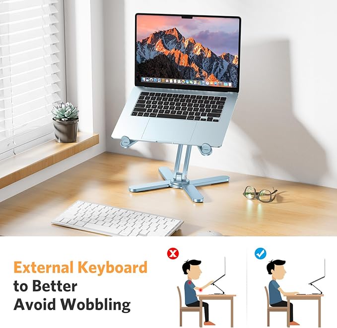 OMOTON 360° Rotating Laptop Stand Riser for Desk, Ergonomic Foldable Computer Stand Adjustable Height Angles for Collaborative Work, Easy Storage Fit Macbooks,All Laptops up to 16 inches,Sky Blue