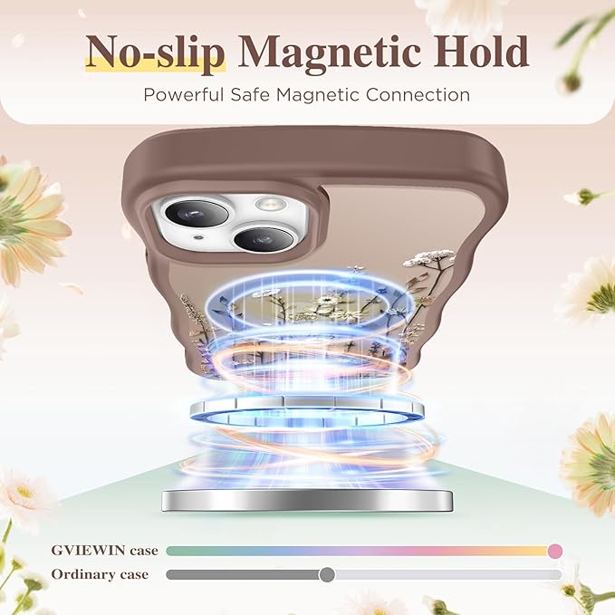 GVIEWIN Cute for iPhone 14 Case & iPhone 13 Case [Compatible with MagSafe] [Curly Wave Edge] Floral Translucent Magnetic Shockproof Protective Phone Cover for iPhone 14/13 6.1'', Floratopia/Brown