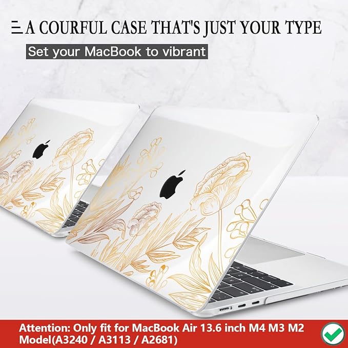 CISSOOK for MacBook Air 13.6 inch Case A3449 A3240 A2681 A3113 Release 2022 2023 2024 2025 2026, Plastic Hard Shell Case Keyboard Cover for MacBook Air 13 inch M2 M3 M4 M5, Gold Floral Blossom