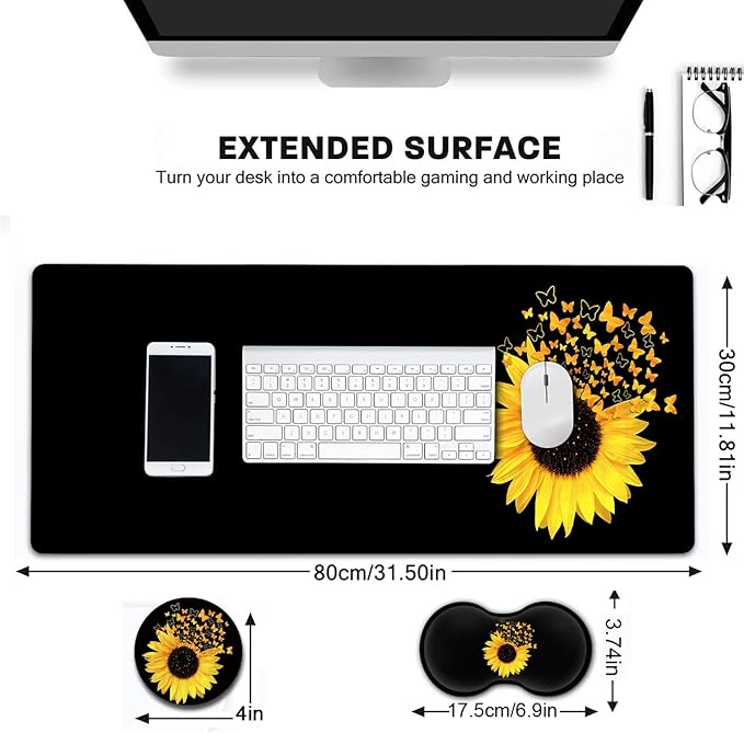 Large Gaming Mouse Pad, Extended Waterproof Desk Pad Protector (31.5" x 11.8") Ergonomics Memory Foam Mouse Wrist Rest Support, for Home Office Laptop, Sunflowers and Butterflies Black Mouse Mat