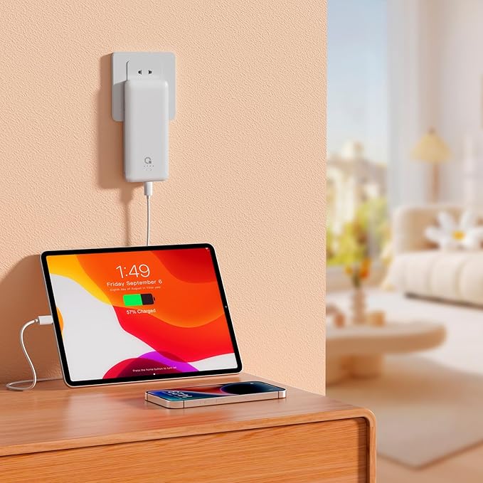 Brand Q Portable Charger with Built-in Cables and AC Wall Plug,Slim USB C Travel Essential Power Bank 10000mAh,External Battery Pack Compatible with iPhone,Samsung,Tablet and All Smart Phones
