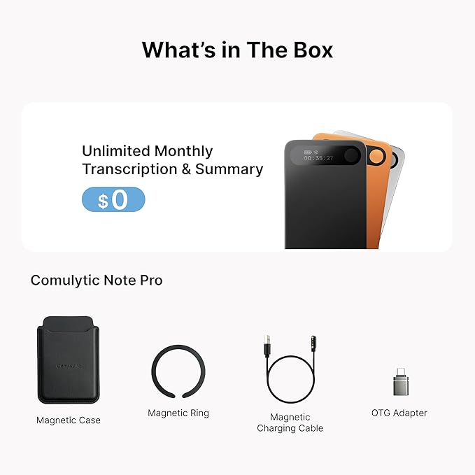 Comulytic Note Pro AI Voice Recorder, Unlimited Transcribe & Summarize, AI Note Taking Recording Device w/Case, App Control, 113 Languages for Calls, Meetings, Lectures, Interviews, Silver