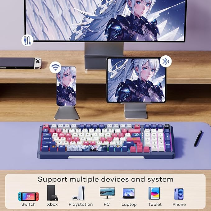 RisoPhy Wireless Mechanical Keyboard, 98 Keys RGB Gasket 2.4GHz/Wired/Bluetooth Keyboard with Custom Hi-Fi Linear Switch, Hot-Swap Socket GamingKeyboard, PBT Keycaps/Knob Control ComputerKeyboard