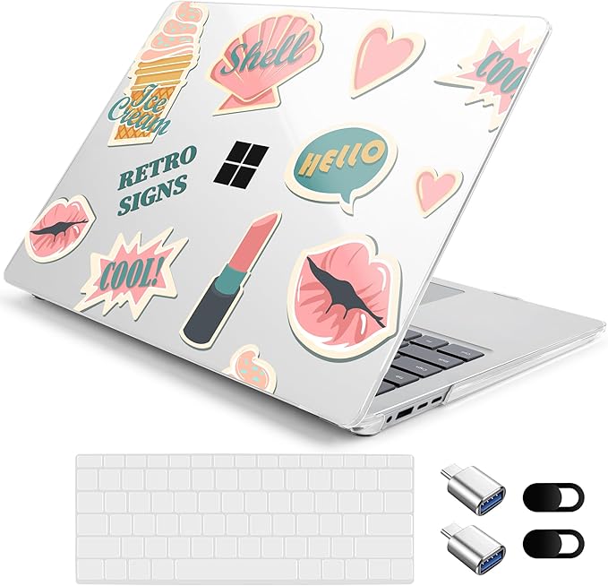 Case for 15-inch Microsoft Surface Laptop Copilot+ PC 2024 (7th Ed) Aesthetic Clear Hard Laptop Shell, with TPU Keyboard Cover & OTG Adapters Ultimate 6-in-1 Bundle, Retro Stickers
