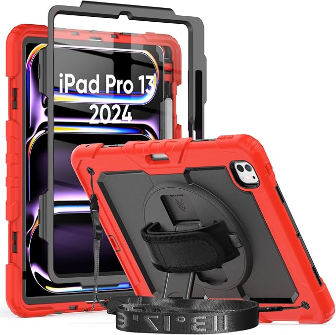 Case for iPad Pro 13 7th Generation with Screen Protector | Case Compatible with iPad 13 Inch for Kids Girls Boys | Shockproof Rugged Protective Cover W/Stand Hand Grip Shoulder Strap | Red