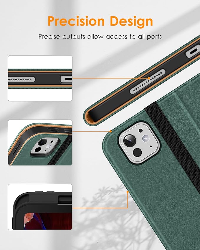 DTTO for iPad Pro 11 inch Case (M5/M4) 2025/2024, Premium Leather Business Folio Stand Cover with Pencil Holder - Auto Wake/Sleep and Multiple Viewing Angles, Midnight Green