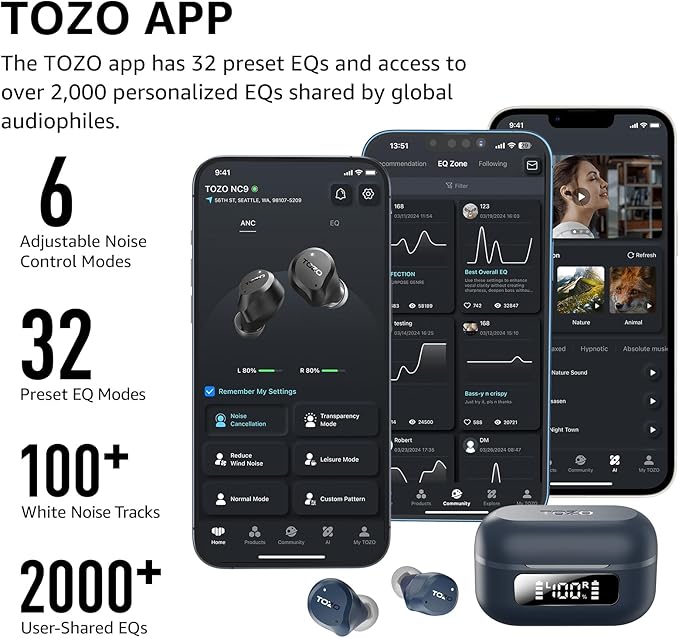 TOZO NC9 Hybrid Noise Cancelling Wireless Earbuds, Bluetooth 5.3 Ear Buds, 6 Mic ENC, IPX8 Waterproof, 60H Playtime, App EQ