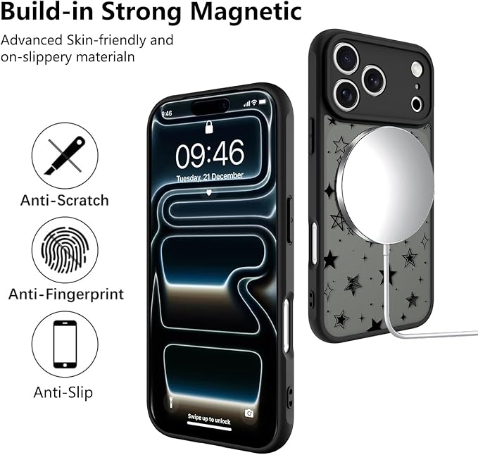 KANGHAR Case Compatible with iPhone 17 Pro Max Stars Pattern [Compatible with Magsafe] Cute Protective Magnetic Case for Girls Women Men Black