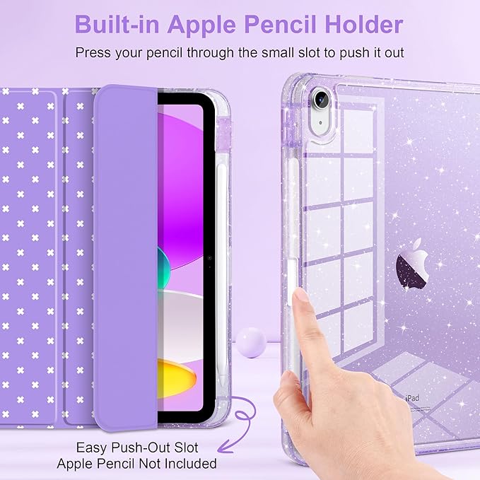 DONGKE for iPad Pro 11 inch Case – Fits M5 2025 / M4 2024, Shockproof Sparkling Glitter Acrylic Back, Pencil Holder, Trifold Stand, Auto Sleep/Wake & Touch ID Support - Purple Cross Dot