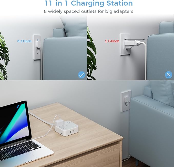 TESSAN Surge Protector Power Strip, 15 Ft Flat Plug Extension Cord with 3 USB (1 USB C) 8 Outlets, 1250W, 900J Protection, 3 Sided Outlet Extender with Power Switch for Office, Dorm Room, Grey
