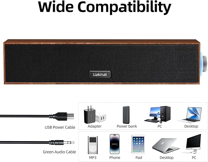 Uakinat Computer Speakers,Wooden Multimedia Digital Speaker,USB Powered 3.5mm AUX PC Speakers,Surround Sound Portable Computer Sound Bar Speaker for Desktop Laptop (Brown)