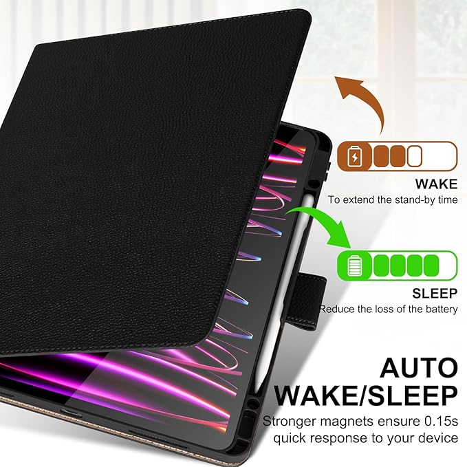 Genuine Leather Case for iPad Pro 13 inch (M5/M4) 2025/2024 with Pencil Holder | Slim Protective Cover with Adjustable Stand,Magnetic Closure,Auto Wake/Sleep, Premium Leather | Black
