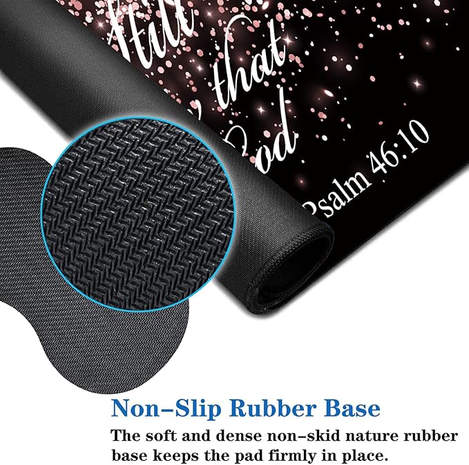 3 Piece Mouse Pad Set with Stitched Edge Large Anti-Slip Mouse Pad Desk Pad Keyboard Pad + Wrist Rest Pad + Coaster, Memory Foam Wrist Rest for Office/Home - Rose Gold Glitter Black Psalm46:10