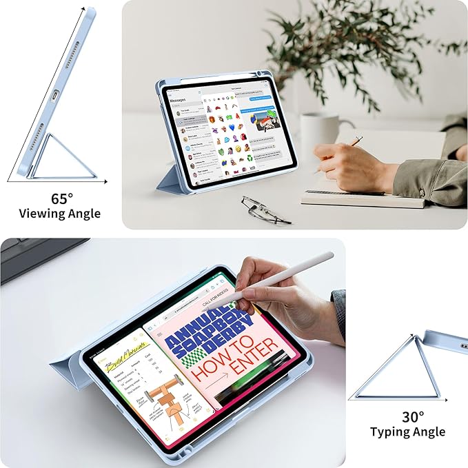 Case for iPad Air 11-Inch M4/M3/M2 2026/2025/2024, iPad Air 5/4 (2022/2020 5th/4th Generation 10.9-Inch) with Pencil Holder, Slim Stand Soft Back Support Touch ID, Auto Wake/Sleep, Light Blue