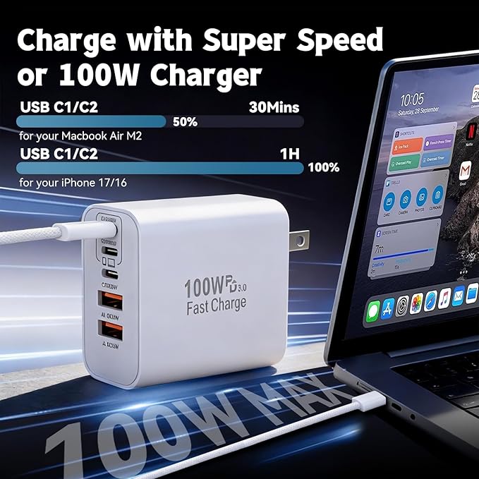 100W GaN USB C Charger Block,5-Port Type C Wall Charger Fast Charging, PD Power Adapter+QC Plug Multiport Type C Box Brick Cube Compatible with Apple iPhone 17 Air 16 15 14 13 12 Pro Max,MacBook,iPad