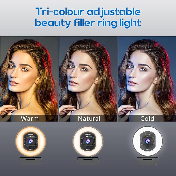 4K Webcam with Ring Light Web Cam 4K Autofocus with TOF Computer Camera 1080P 60FPS Web Camera Built-in Privacy Cover and Microphone Streaming Webcams for Zoom/Skype/Google Meet