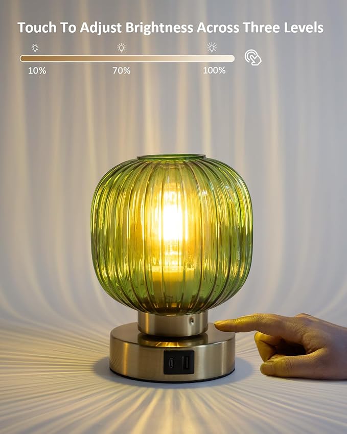 Elenhome Touch Control Small Table Lamp Set of 2, Elegant Green Glass Bedside Lamp 3 Way Dimmable with USB C+A Charging Ports - Bedroom Nightstand & Living Room Essential, 4W Bulb Included