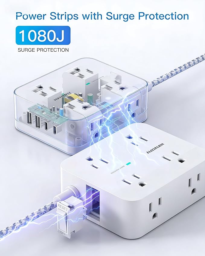 PD 30W USB C Power Strip Surge Protecor, HANYCONY 8 Outlets 4 USB(2 USB C Ports), 1080J Desk Charging Station for Multiple Devices, 10 Ft Flat Plug Extension Cord for College Dorm Room Essentials