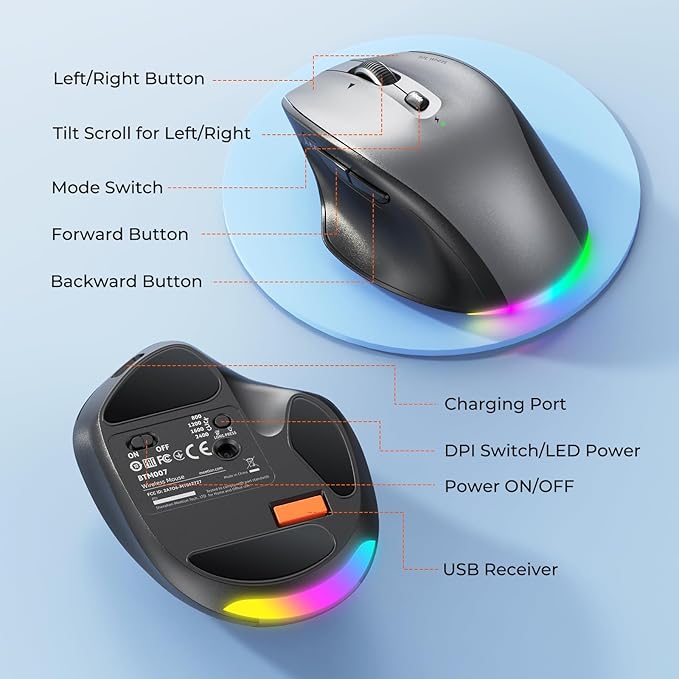 Doci Wireless Bluetooth Mouse, Tilt Wheel 4-Way Scrolling Mice, LED Rechargeable Ergonomic Mouse, 4 Adjustable DPI with 7 Buttons, Dual Mode USB+BT1+BT2, Mouse for Laptop/PC/Computer/iPad/Mac/Windows